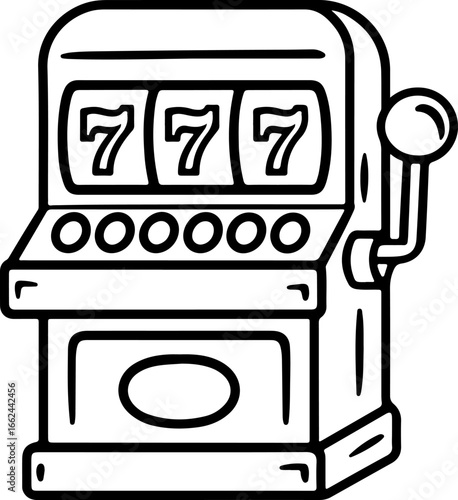 Slot Machine Line Art with Triple 7 – Black and White Casino Illustration Featuring Lever, Buttons, and Winning Reels for Gambling, Luck, and Game Design Themes