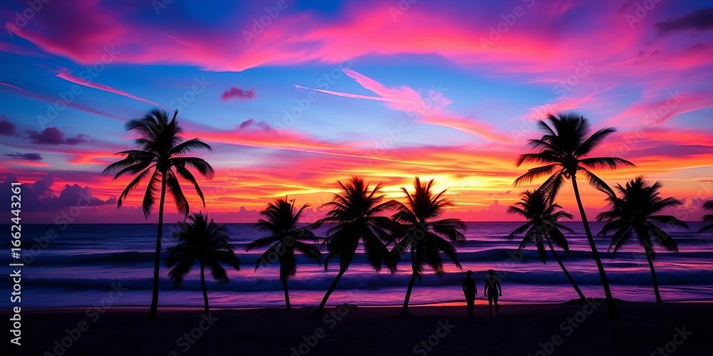 Obraz premium Vibrant sunset over a tropical beach with palm trees, waves, and dancing silhouettes, sky, illustration