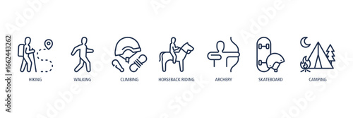 Outdoor Adventure Outline Icons Web Banner – hiking, walking, climbing, horseback riding, archery, skateboard, camping