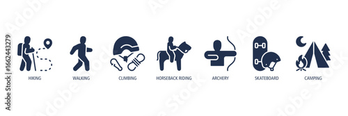 Outdoor Adventure Glyph Icons Web Banner – hiking, walking, climbing, horseback riding, archery, skateboard, camping