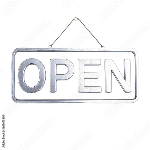 Modern silver open sign with metallic texture, a symbol of commerce and opportunity, isolated on a stark white background.