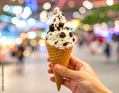Hand holding cookies and cream ice cream in waffle cone