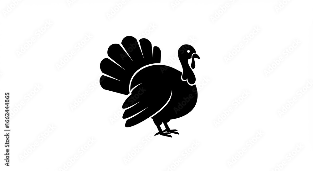 Fototapeta premium Bold black silhouette turkey proudly stands against white background. AI Generated