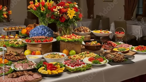 A lavish buffet spread featuring a variety of colorful dishes, fruits, and floral arrangements in a dining setting