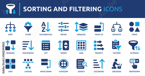Sorting and filtering icon set. Containing filter, list, arrange, refine, sort, organize, priority, reorder, category and more. Solid vector icons collection.