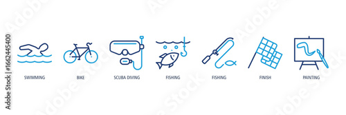 Water & Marine Sports Outline Dual tone Icons Web Banner – swimming, bike, scuba diving, fishing, fishing, finish, painting
