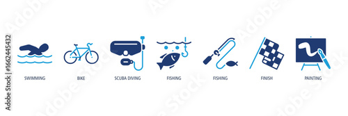 Water & Marine Sports Glyph Dual tone Icons Web Banner – swimming, bike, scuba diving, fishing, fishing, finish, painting