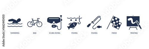 Water & Marine Sports Glyph Icons Web Banner – swimming, bike, scuba diving, fishing, fishing, finish, painting