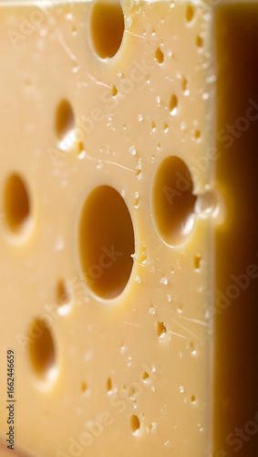 Close up of delicious Swiss cheese with large holes and textured surface detail