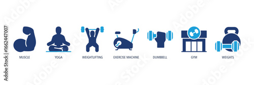 Gym & Strength Training Glyph Dual tone Icons Web Banner – muscle, yoga, weightlifting, exercise machine, dumbbell, gym, weights