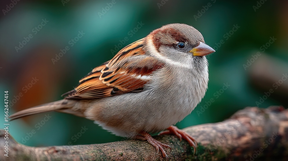 Fototapeta premium Detailed Sparrow Portrait on Branch, A Symphony of Feathers and Textures