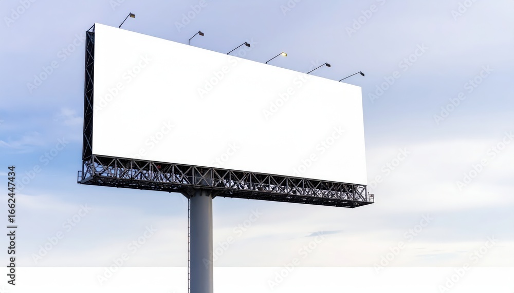 Fototapeta premium Expansive Blank Billboard Mockup on a Steel Truss Against a Hazy Blue Sky.
