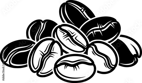Aromatic Essence: A monochrome illustration of a small pile of meticulously drawn coffee beans, perfect for conveying concepts of morning rituals, energy boosts, and rich flavors