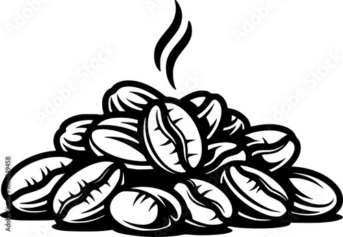 Aromatic Essence: A monochrome illustration of a small pile of meticulously drawn coffee beans, perfect for conveying concepts of morning rituals, energy boosts, and rich flavors