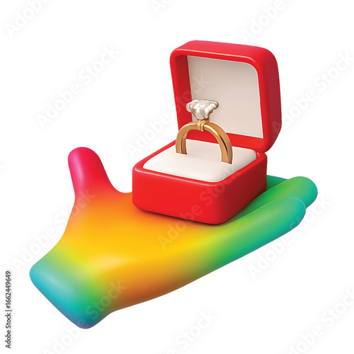 A rainbow-colored hand holding a red ring box with an engagement ring inside, symbolizing love and commitment.