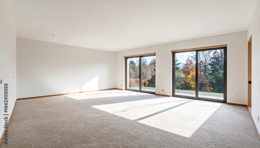 Fototapeta premium Empty room with large windows overlooking autumn trees