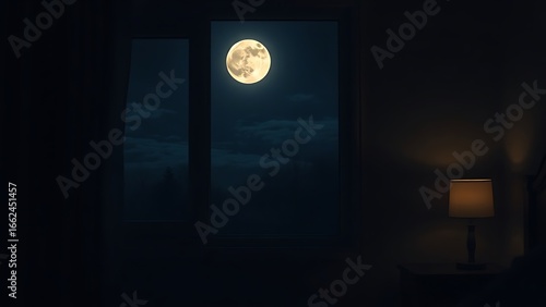 Moonlit bedroom window casting a soft glow on an empty bedside table with faint illumination.