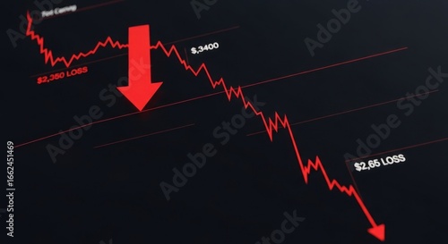 Stock market crash with red arrow showing financial loss and economic recession indicating a bear market and investment decline with falling prices and negative growth