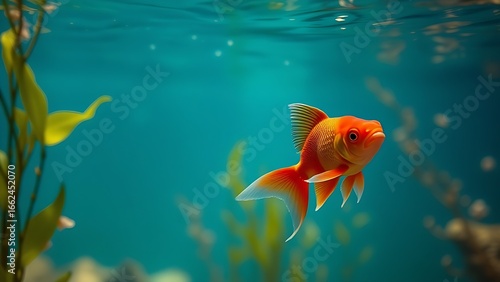 Red goldfish swimming gracefully in clear water, surrounded by aquatic plants and soft blue light.
