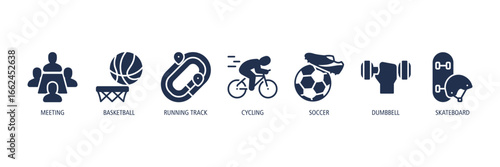 Mixed Sports Collection Glyph Icons Web Banner – meeting, basketball, running track, cycling, soccer, dumbbell, skateboard