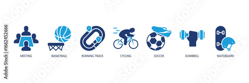 Mixed Sports Collection Glyph Dual tone Icons Web Banner – meeting, basketball, running track, cycling, soccer, dumbbell, skateboard