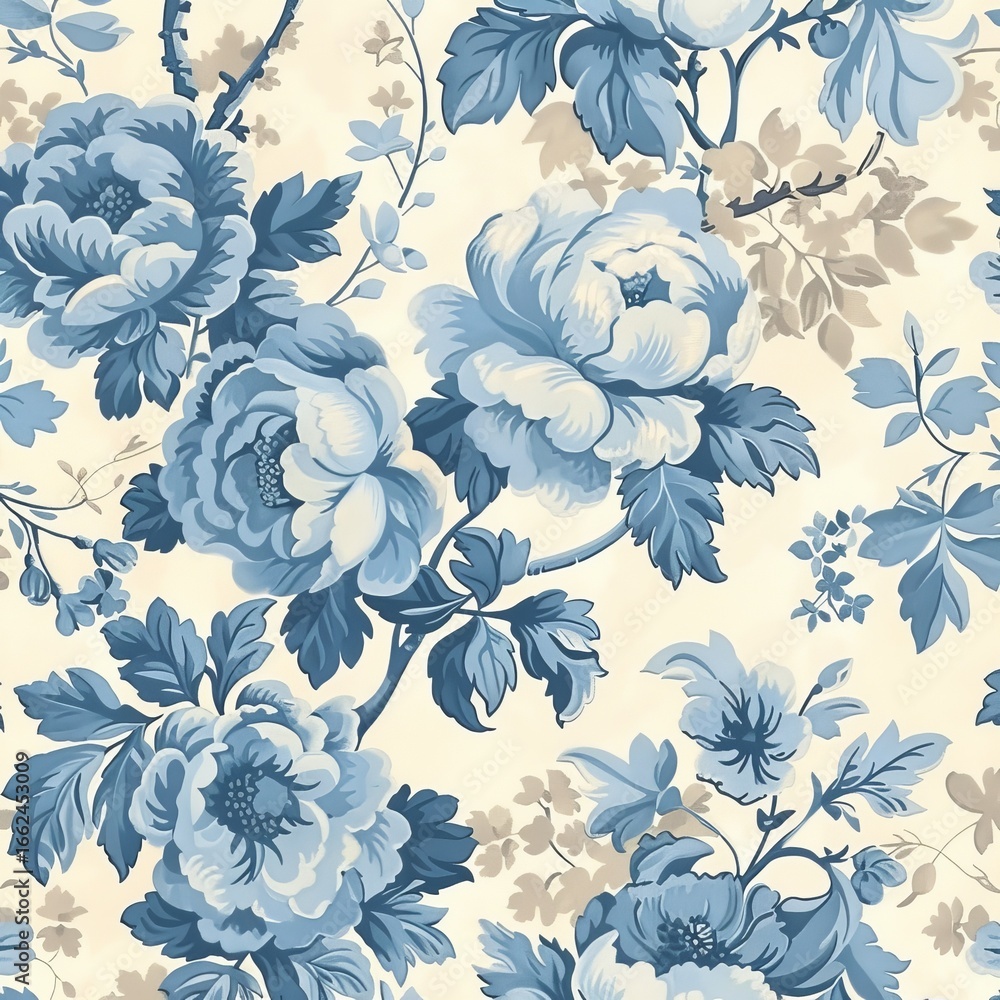 Obraz premium Cream-colored fabric with large, stylized blue roses and foliage