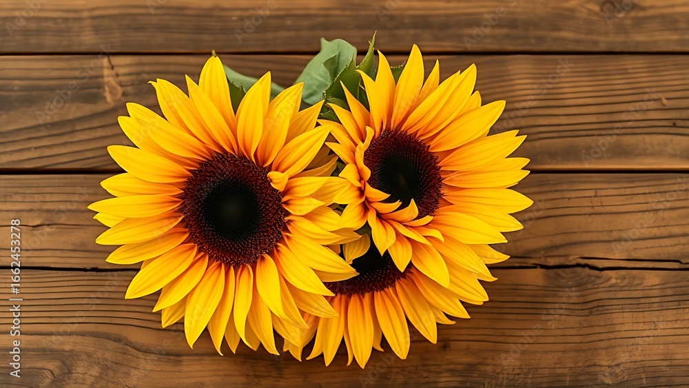 Fototapeta premium Sunflower arrangement on rustic wood with warm golden lighting.