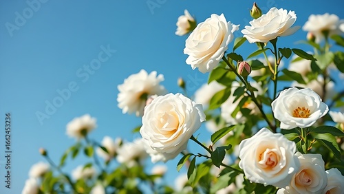 White bush roses in full bloom against a clear blue sky, embodying the freshness and beauty of spring.