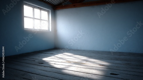 Empty room interior with sunlight streaming through window onto wooden floor