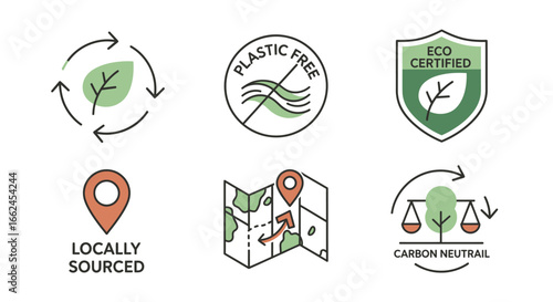 A set of clean outline icons illustrating key environmental sustainability concepts like recycling, plastic-free, eco-certification, local sourcing, and carbon neutrality.
