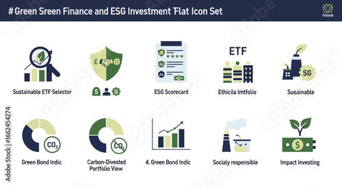 Flat vector icons for green finance, ESG investment, and sustainable economic practices, promoting ethical decision-making and environmental responsibility.