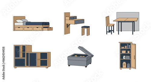 Collection of multi-functional furniture designs for compact living spaces.