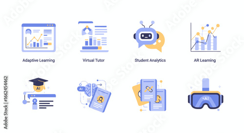 A collection of flat design icons representing various educational technology concepts, including adaptive learning, virtual tutors, student analytics, and VR learning.