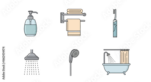 Bathroom essentials illustrated: soap dispenser, towel rack, toothbrush, showerhead, handheld shower, bathtub with shower curtain.