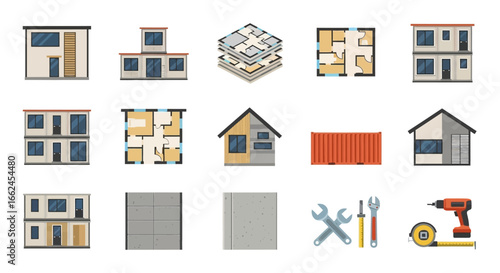 Modular home construction plans and components, including building designs, floor plans, materials, and tools.