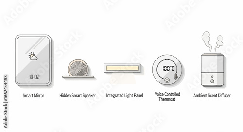 Illustration of smart home devices, including a mirror, speaker, light, thermostat, and diffuser.