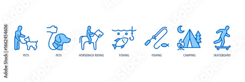 Pet & Recreation Activities Outline Blue Icons Web Banner – pets, horseback riding, fishing, fishing, camping, skateboard
