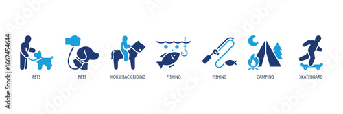 Pet & Recreation Activities Glyph Dual tone Icons Web Banner – pets, horseback riding, fishing, fishing, camping, skateboard