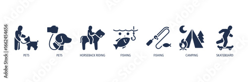 Pet & Recreation Activities Glyph Icons Web Banner – pets, horseback riding, fishing, fishing, camping, skateboard
