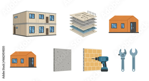 Modular building construction: prefabricated panels, tools, and assembled structures.