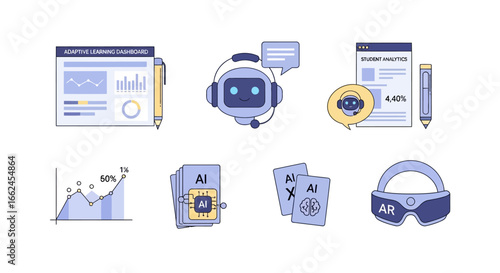 AI-powered data analysis, virtual reality, and automated customer service icons.