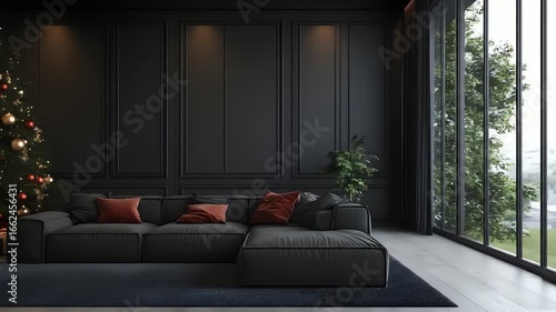 Luxurious dark living room with sectional sofa Christmas tree and large window