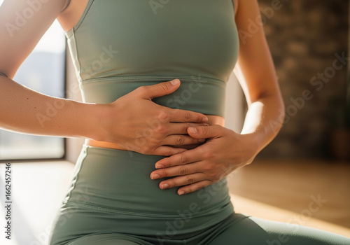 Woman practicing deep breathing and mindfulness meditation in a peaceful yoga studio, focusing on abdominal breath for relaxation and well-being.