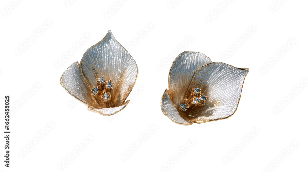 Fototapeta premium Earrings featuring delicate lily petals with diamonds and a golden center, isolated on a Transparent background, PNG file.