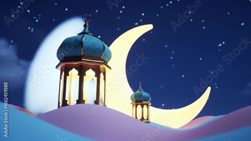 Golden Lantern and Moon Illuminate Pastel Sand Dunes in Starry Night Illustration