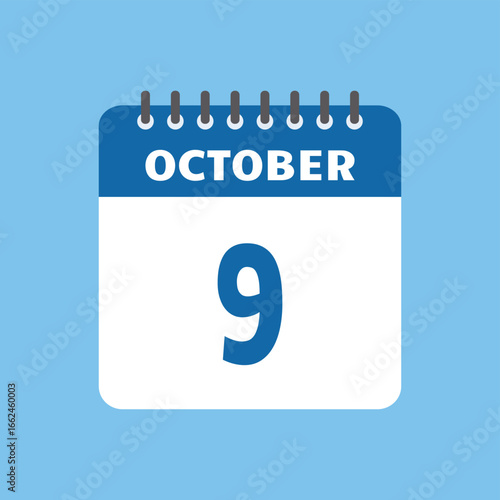 october 9 calendar icon Vector page month design