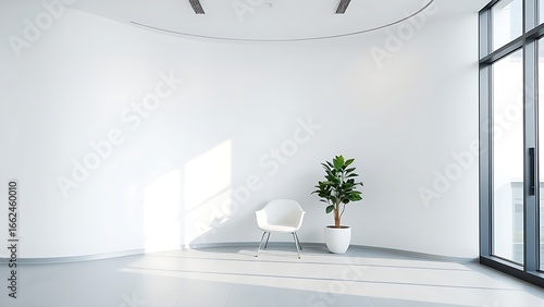 Minimalist office reception with white curved wall, modern chair, and potted plant.