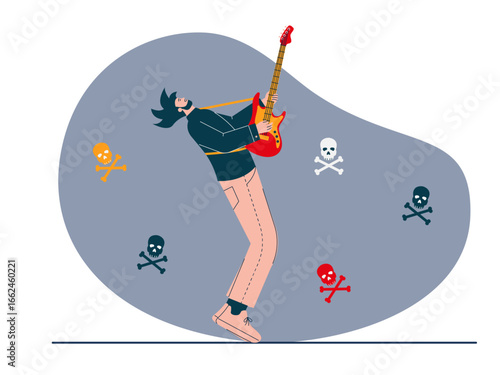 Rock musician playing red guitar and dark clothes. Rock n' roll vector illustration. Flat illustration concept.
