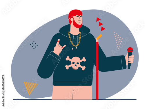 Red haired man one hand holding microphone and the other hand forming rock n' roll sign. Rock n' roll vector illustration. Flat illustration concept.