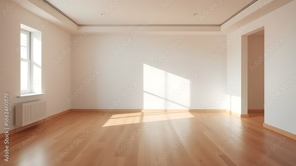 Fototapeta premium Minimalist living space featuring clean lines, natural wood flooring, and neutral-toned walls.